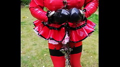 The testicles and cock strictly enclosed and on a leash for a walk Thumb