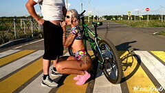 Risky blowjob from a hot blonde in the middle of a city intersection, deepthroat, big boobs and cum  Thumb